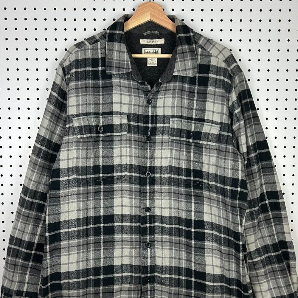 LL Bean Shirt Large‎ Fleece-Lined Flannel Black Gray Fleece Cabincore Lumberjack